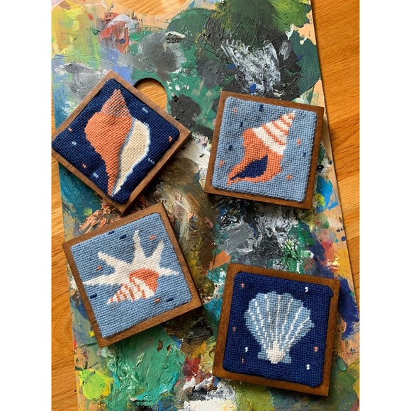 Vintage Other - Vintage Set of 4 Shell Cross Stitch Coasters